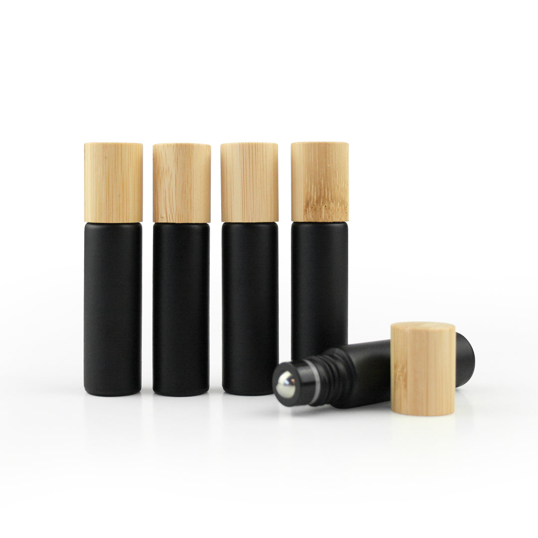 10ml Matt Black Glass Roller Bottles with Bamboo Cap - Pack of 5 - essentoils.co.za