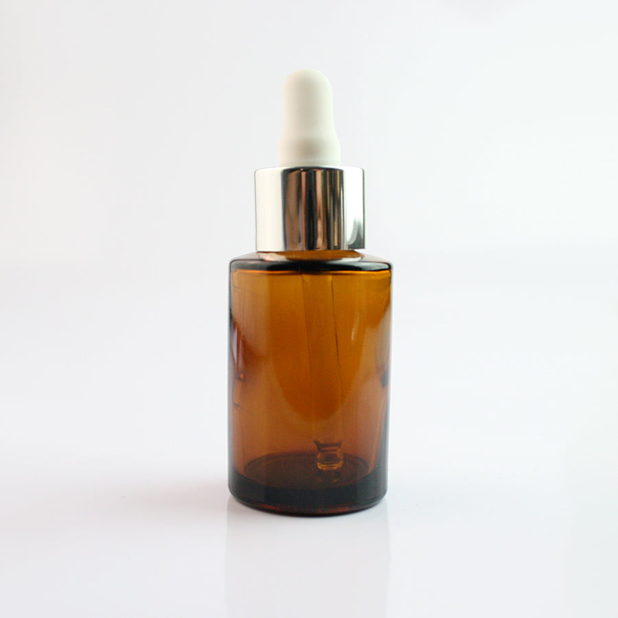 30ml Amber Glass Flat Shouldered Dropper with Silver & White Top