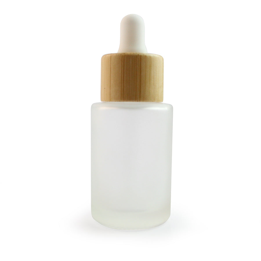 30ml Frosted Glass Flat Shouldered Dropper with Bamboo & White Top