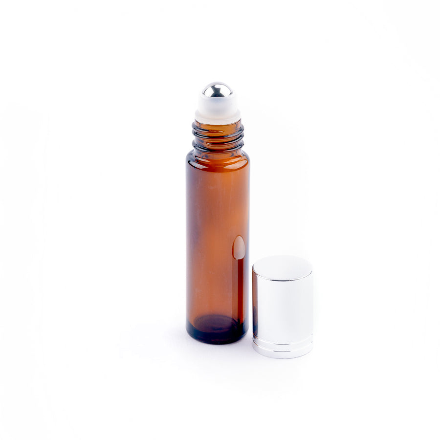 10ml Amber Glass Roller Bottles with Silver Cap - Pack of 5 - essentoils.co.za