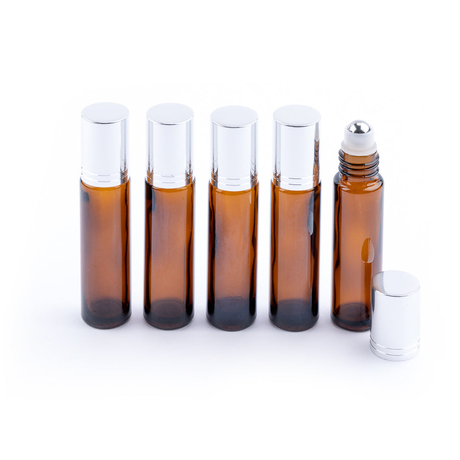 10ml Amber Glass Roller Bottles with Silver Cap - Pack of 5 - essentoils.co.za