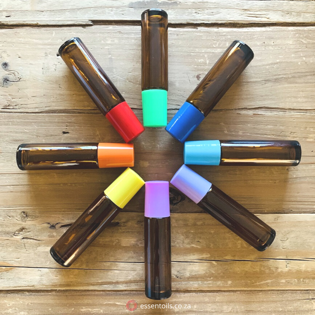 10ml Amber Glass Roller Bottles with Rainbow Caps - Pack of 8 - essentoils.co.za