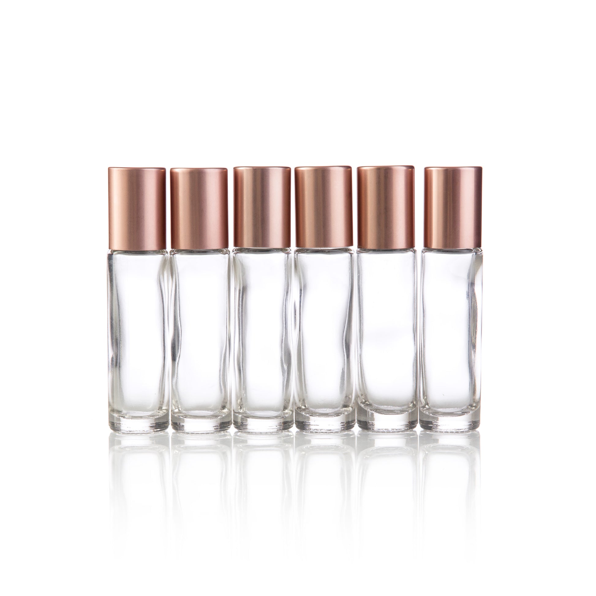 Clear Glass Roller Bottles with New Style Black Roller and Rose Gold Caps - Pack of 6 - essentoils.co.za