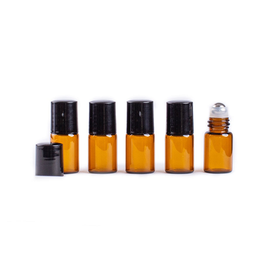 2ml Amber Glass Roller Bottles with Black Cap - Pack of 5 - essentoils.co.za