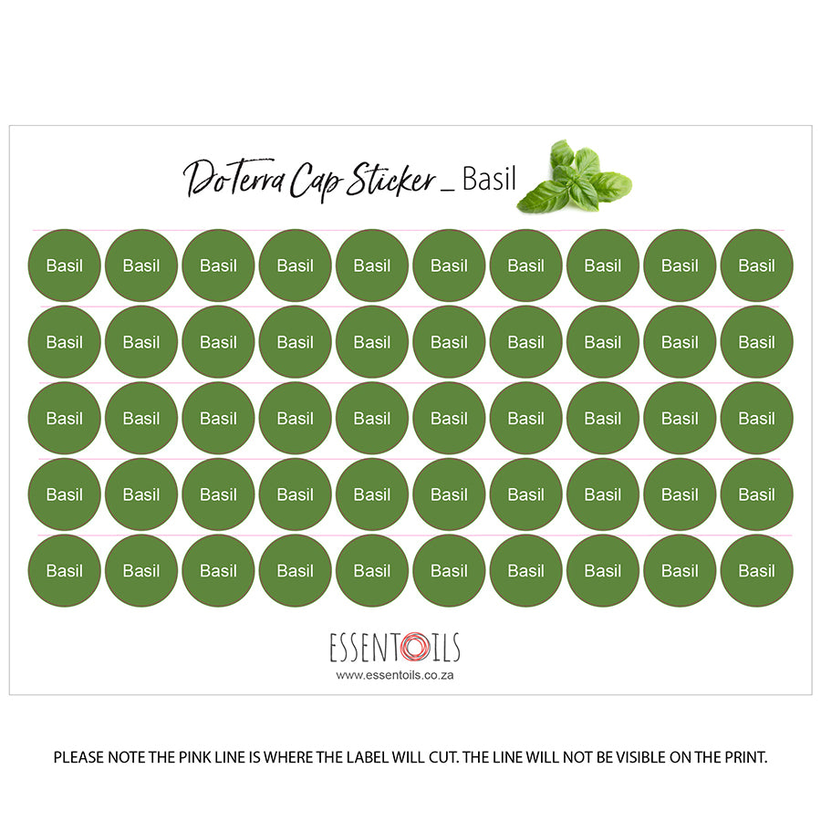 doTERRA Cap Stickers - Single Oils - Sheets of 50 - Basil - essentoils.co.za