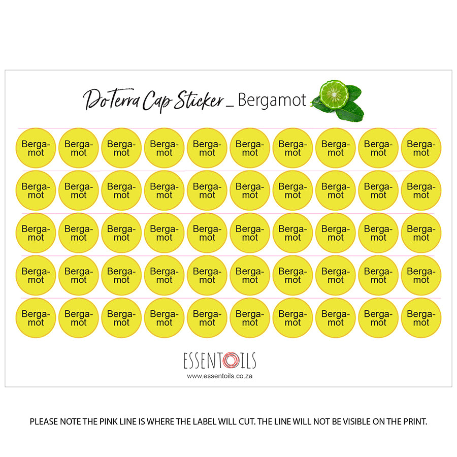 doTERRA Cap Stickers - Single Oils - Sheets of 50 - Bergamot - essentoils.co.za