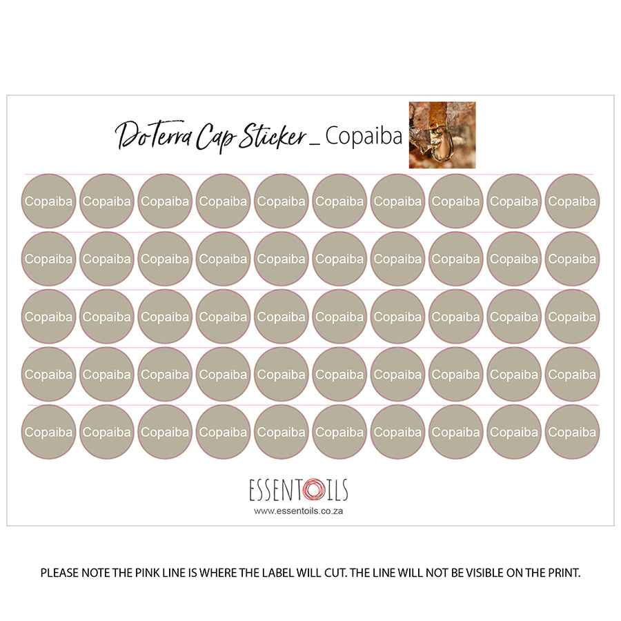 doTERRA Cap Stickers - Single Oils - Sheets of 50 - Copaiba - essentoils.co.za