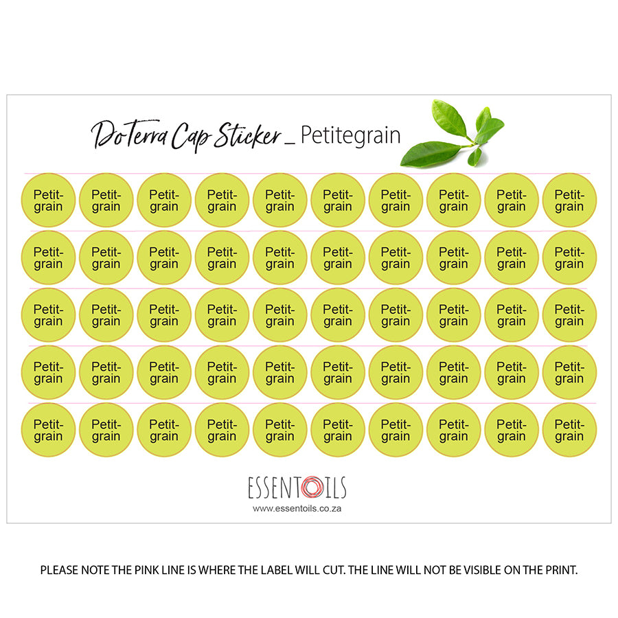 doTERRA Cap Stickers - Single Oils - Sheets of 50 - Petitegrain - essentoils.co.za