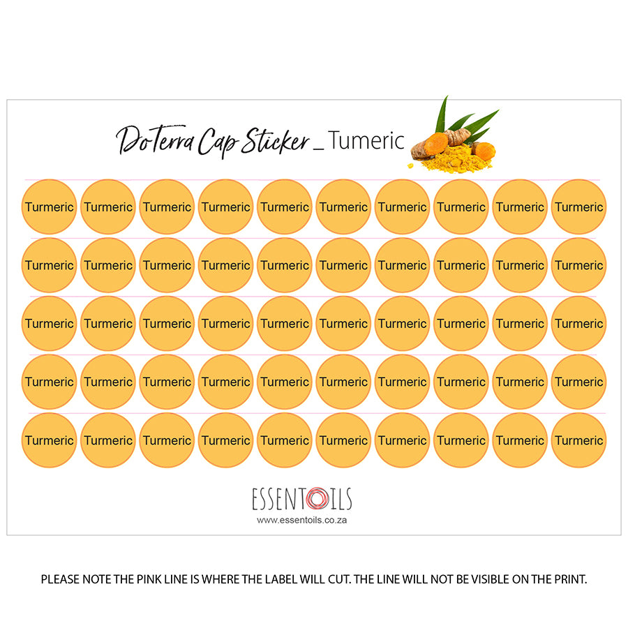 doTERRA Cap Stickers - Single Oils - Sheets of 50 - Tumeric - essentoils.co.za