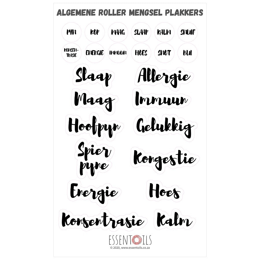 General Blends Roller Bottle Stickers - English or Afrikaans - AFRIKAANS - essentoils.co.za