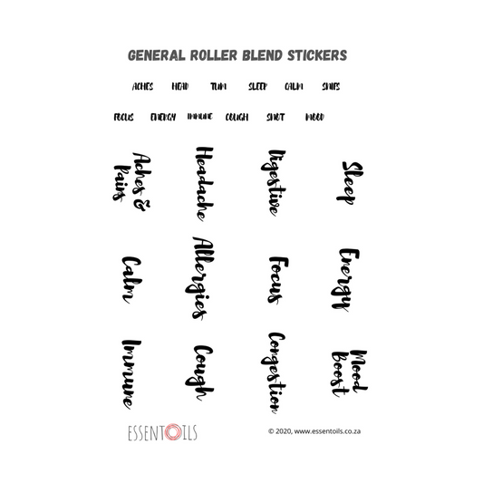 General Blends Roller Bottle Stickers - English or Afrikaans - essentoils.co.za