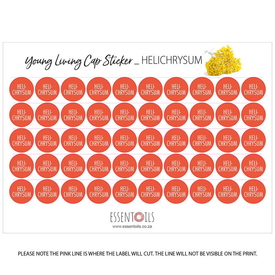 Young Living Cap Stickers - Single Oils - Sheets of 50 - Helicrysum - essentoils.co.za