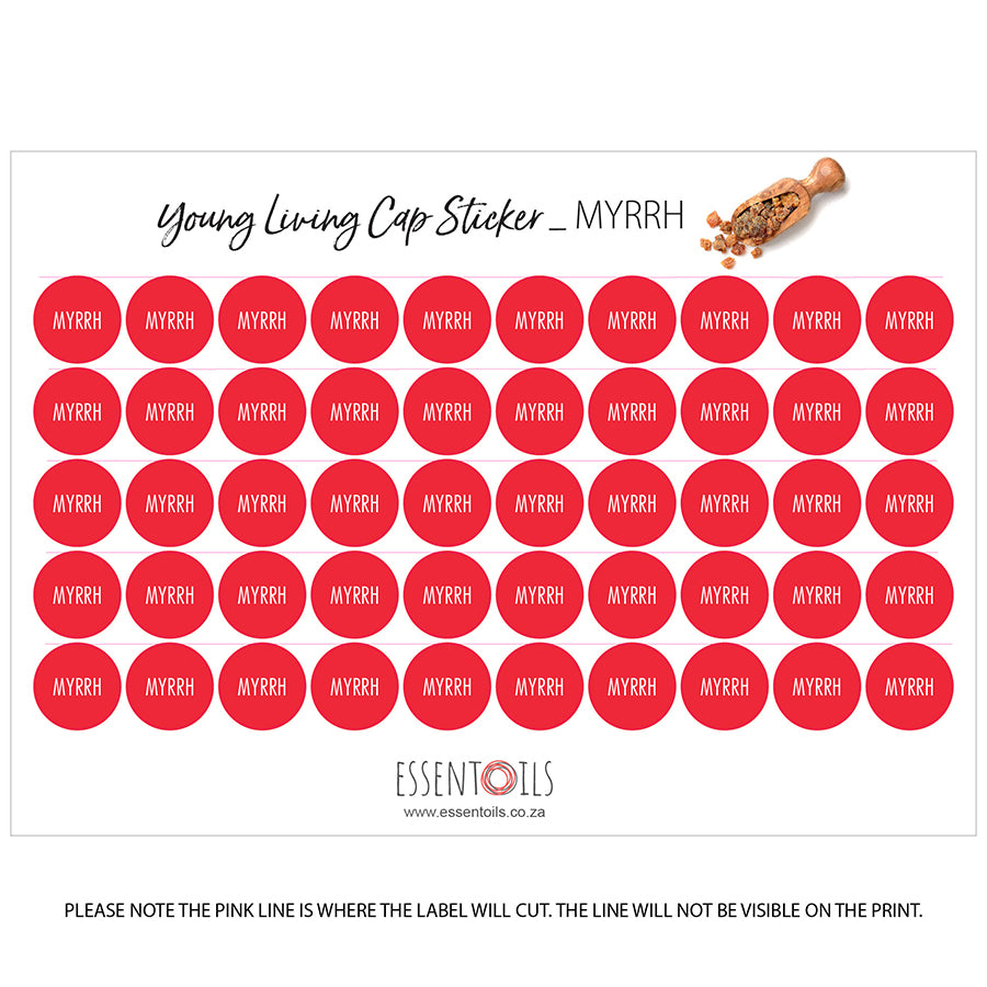 Young Living Cap Stickers - Single Oils - Sheets of 50 - Myrrh - essentoils.co.za
