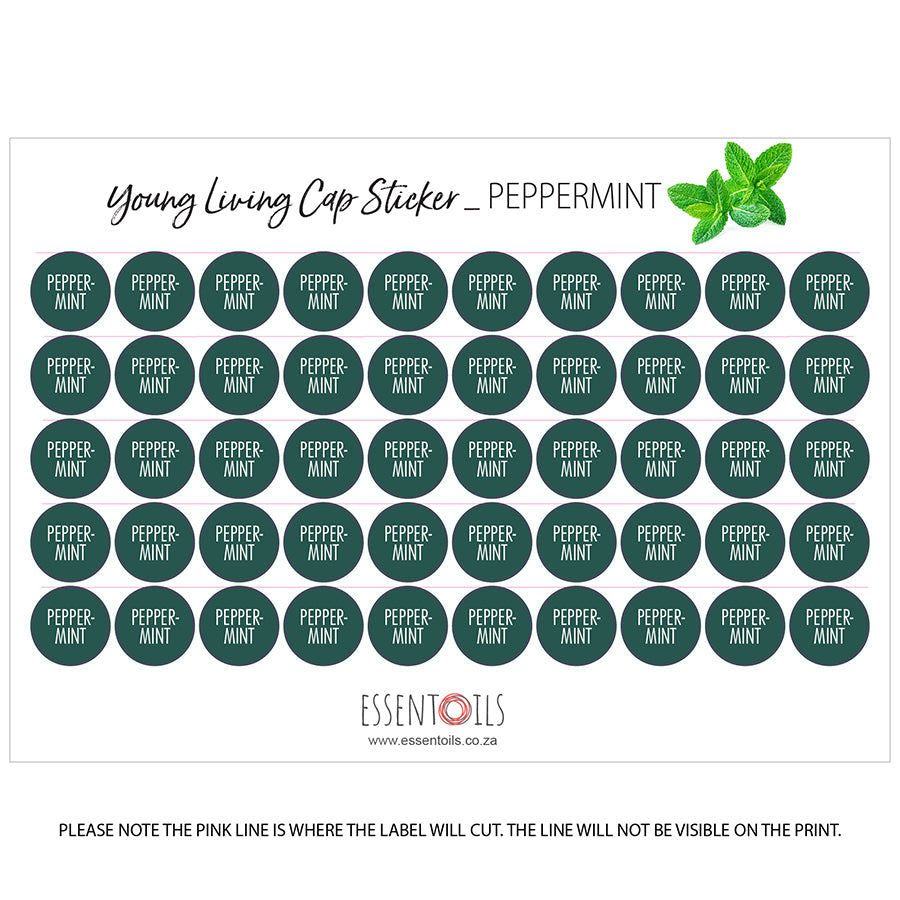 Young Living Cap Stickers - Single Oils - Sheets of 50 - Peppermint - essentoils.co.za