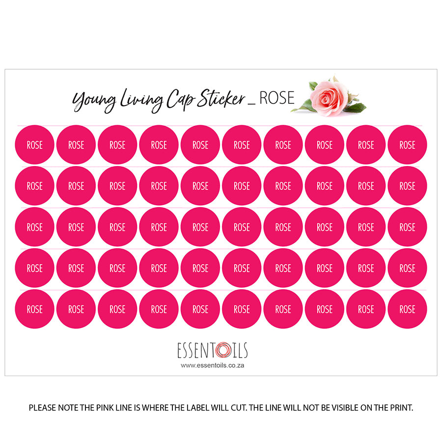 Young Living Cap Stickers - Single Oils - Sheets of 50 - Rose - essentoils.co.za