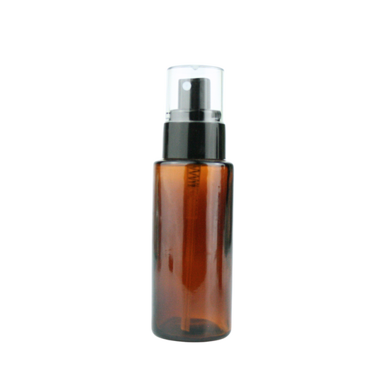 30ml & 50ml Amber Glass Flat Shouldered Bottle with Black Delux Spray Top