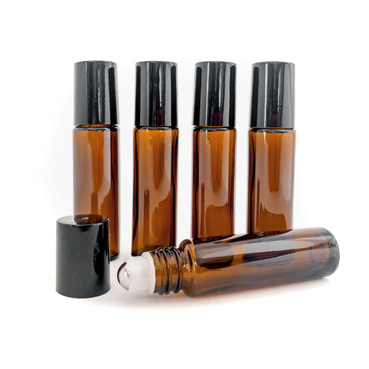 10ml Amber Roller Glass Bottles with Stainless Steel Roller and Black Cap - Pack of 5 - essentoils.co.za
