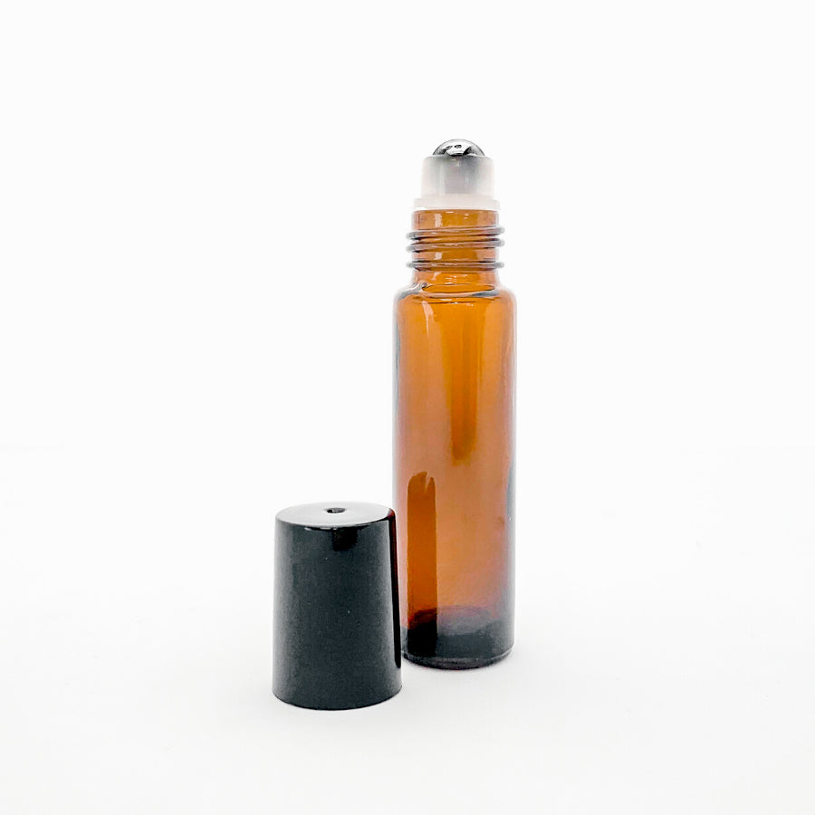 10ml Amber Roller Glass Bottles with Stainless Steel Roller and Black Cap - Pack of 5 - essentoils.co.za