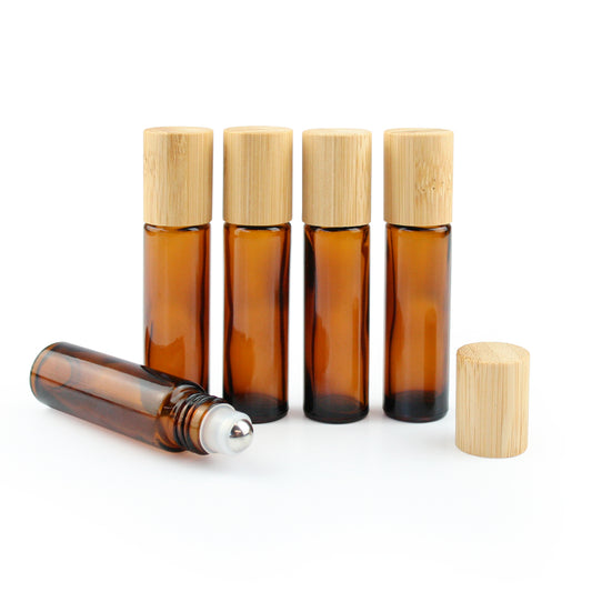 10ml Amber Glass Roller Bottles with Bamboo Cap - Pack of 5 - essentoils.co.za