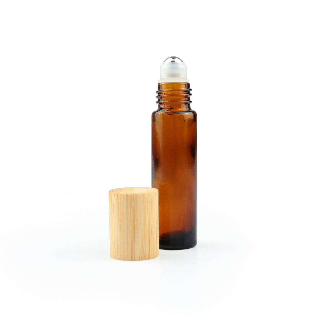10ml Amber Glass Roller Bottles with Bamboo Cap - Pack of 5 - essentoils.co.za
