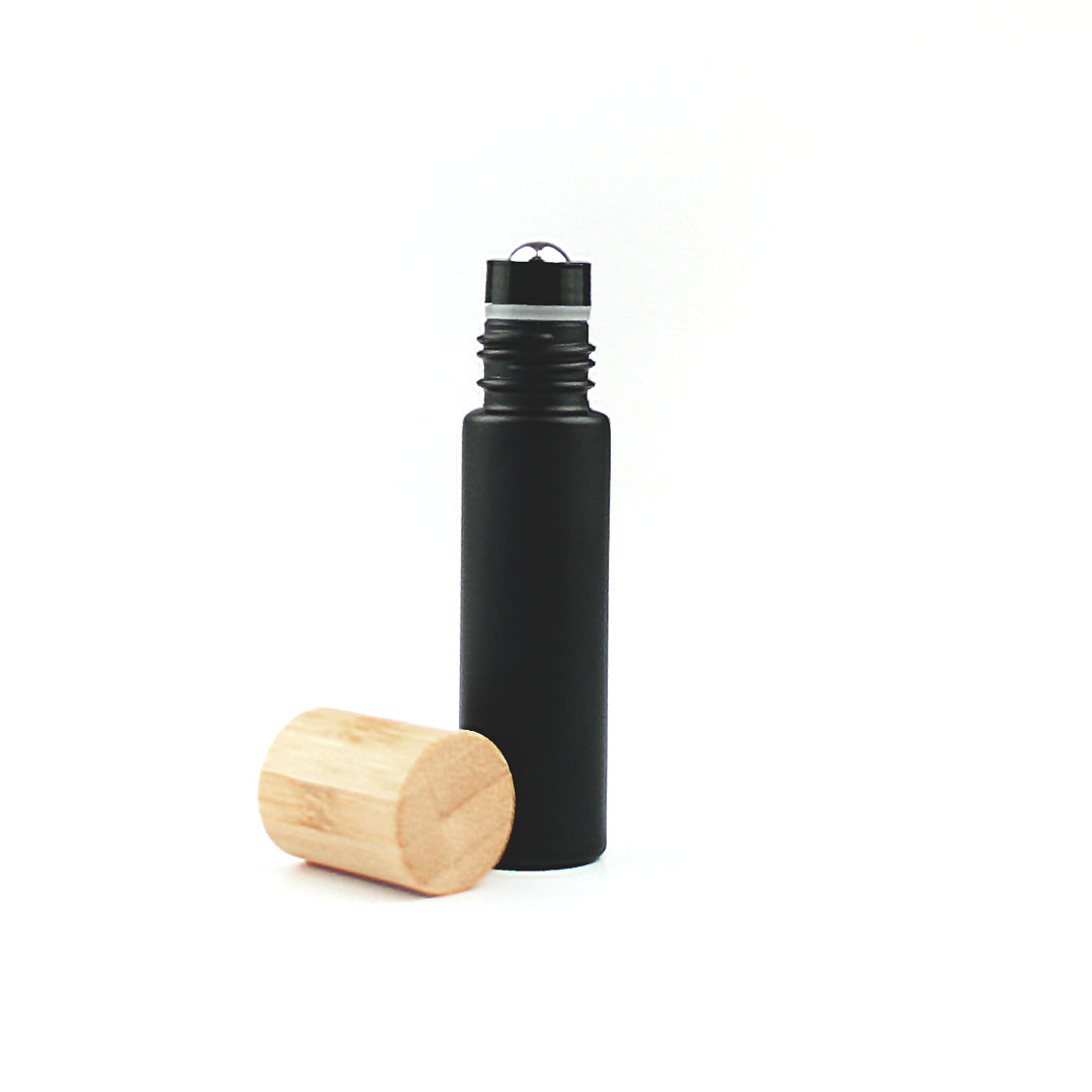 10ml Matt Black Glass Roller Bottles with Bamboo Cap - Pack of 5 - essentoils.co.za