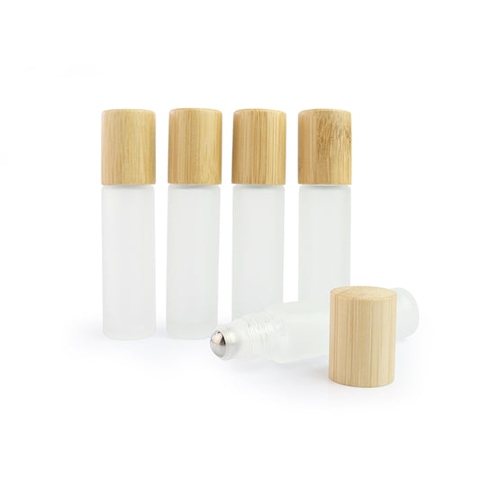 10ml Frosted Clear Glass Roller Bottles with Bamboo Cap - Pack of 5