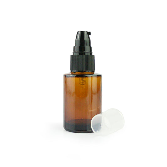 30ml & 50ml Amber Glass Flat Shouldered Bottle with Black Serum Top