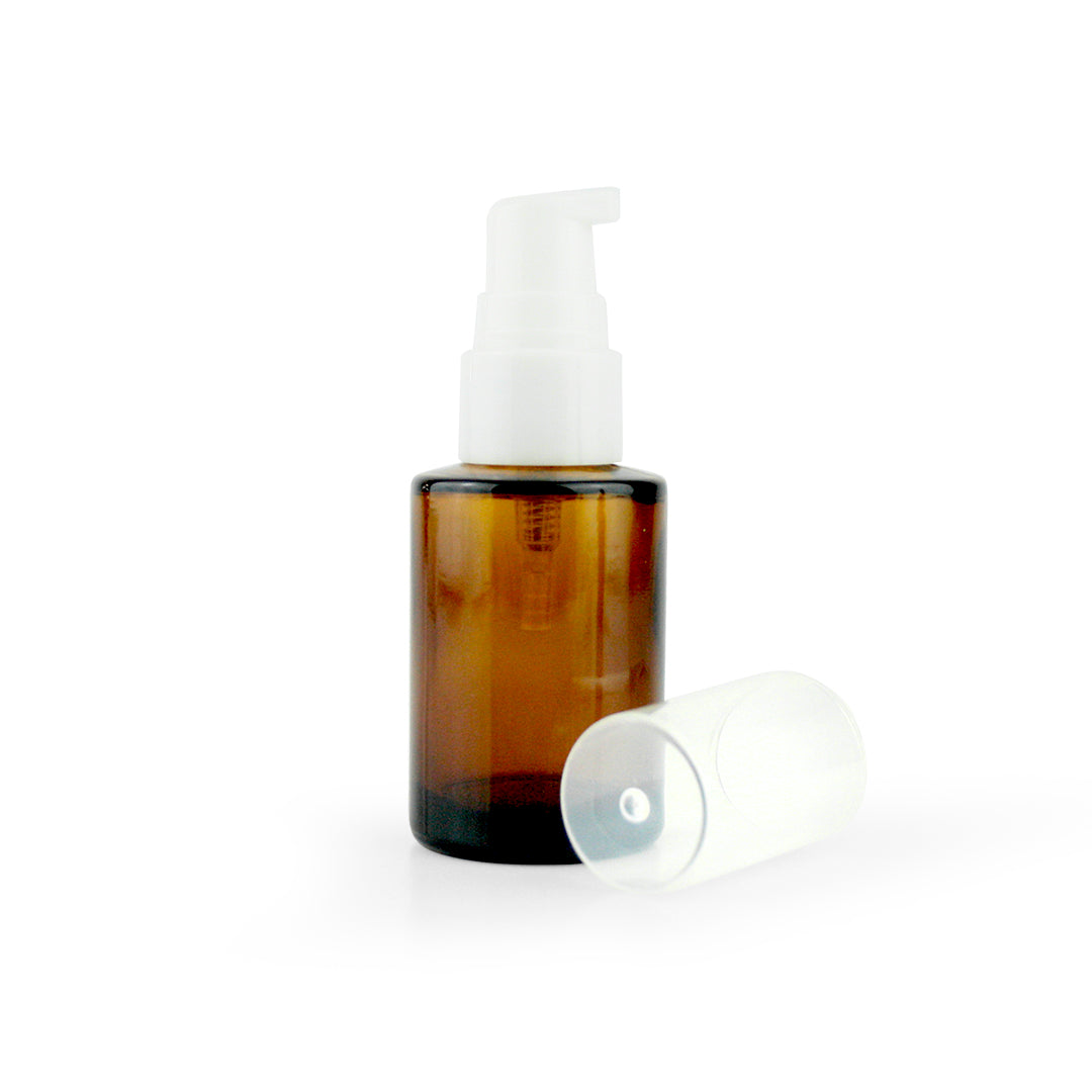 50ml & 30ml Amber Glass Flat Shouldered Bottle with White Serum Top