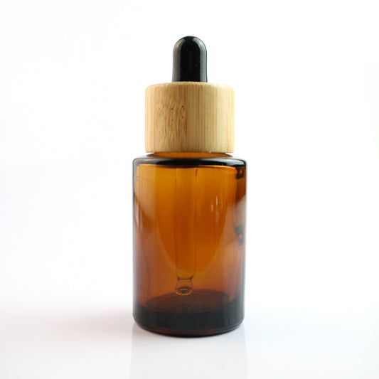 30ml Amber Glass Flat Shouldered Dropper with Bamboo & Black Top