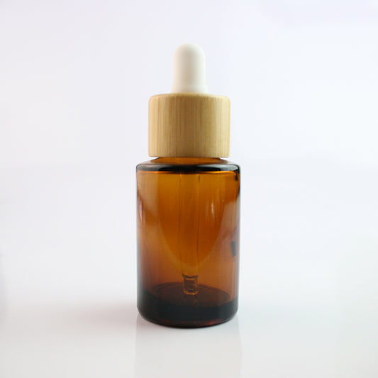 30ml Amber Glass Flat Shouldered Dropper with Bamboo & White Top