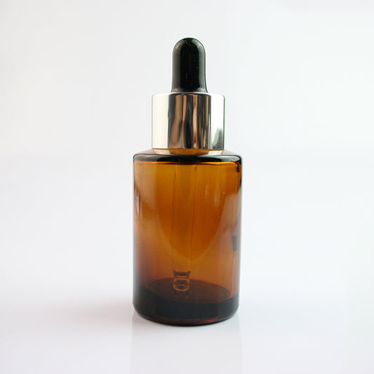 30ml Amber Glass Flat Shouldered Dropper with Silver & Black Top