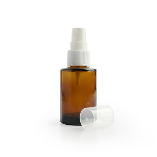 30ml & 50ml Amber Glass Flat Shouldered Bottle with White Spray Top