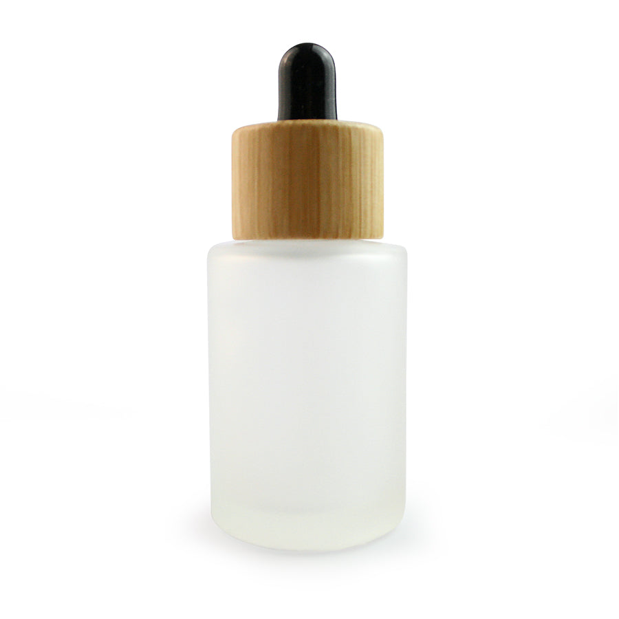 30ml Frosted Glass Flat Shouldered Dropper with Bamboo & Black Top