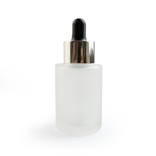 30ml Frosted Glass Flat Shouldered Dropper with Silver & Black Top