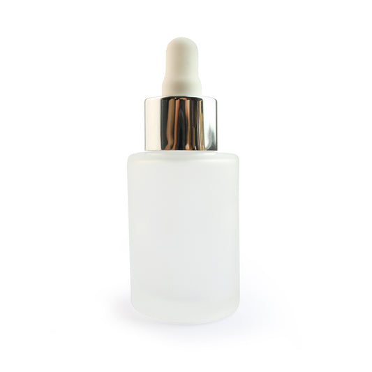 30ml Frosted Glass Flat Shouldered Dropper with Silver & White Top