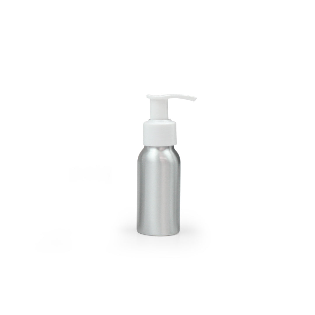 50ml Silver Aluminium Bottle with White Pump (24/410) - essentoils.co.za
