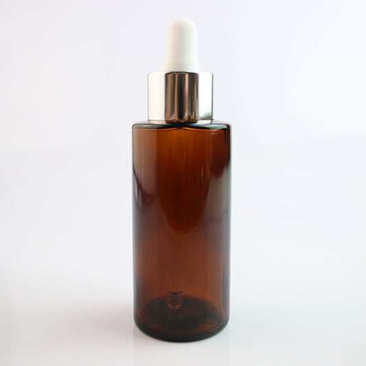50ml Amber Glass Flat Shouldered Dropper with Silver & White Top