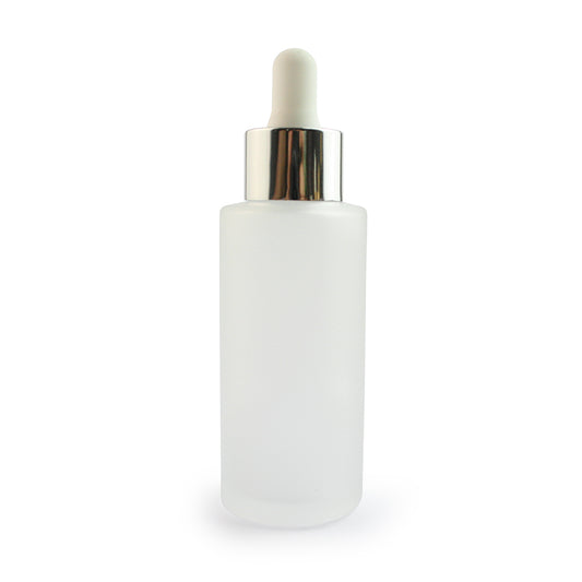 50ml Frosted Glass Flat Shouldered Dropper with Silver & White Top