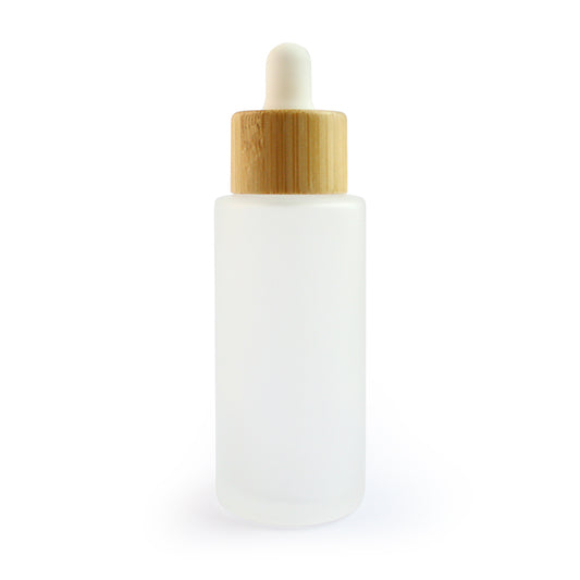50ml Frosted Glass Flat Shouldered Dropper with Bamboo & White Top