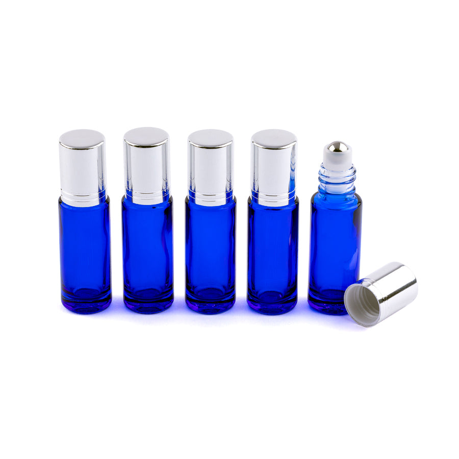 5ml Blue Glass Roller Bottles with Black Cap - Pack of 5