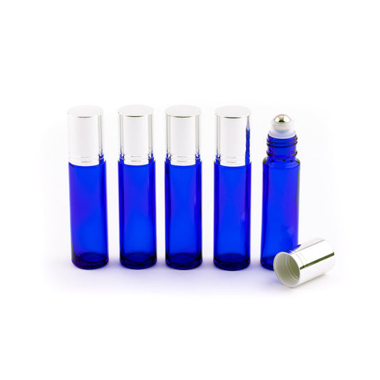 10ml Blue Glass Roller Bottles with Silver Cap - Pack of 5