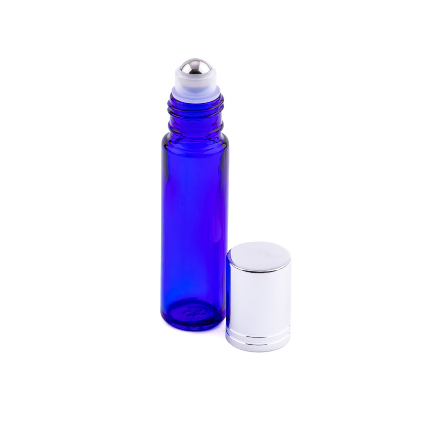 10ml Blue Glass Roller Bottles with Black Cap - Pack of 5