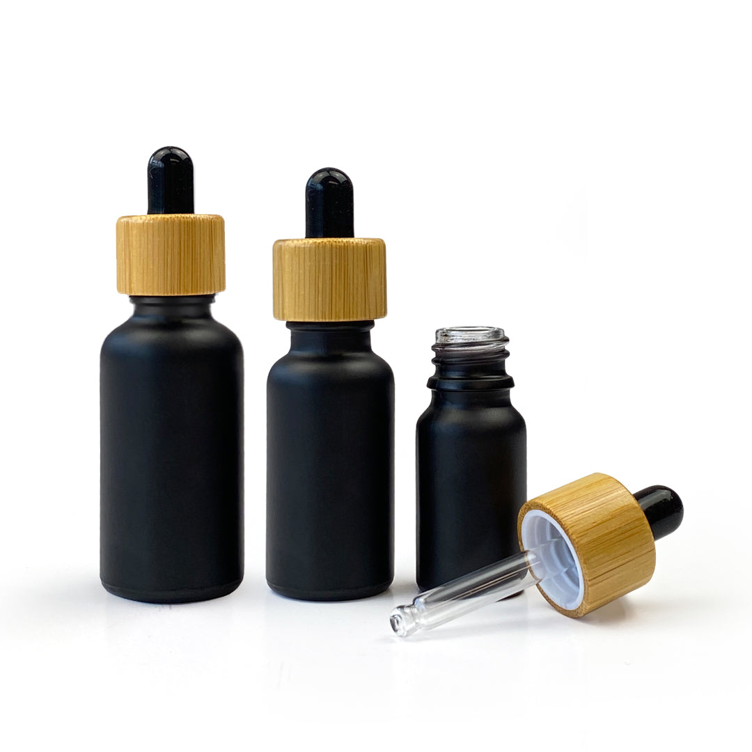 Matt Black Glass Bottle with Bamboo Dropper - 10ml, 20ml & 30ml - essentoils.co.za