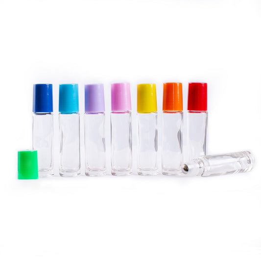 10ml Clear Glass Roller Bottles with Rainbow Caps - Pack of 8 - essentoils.co.za