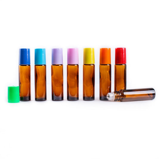 10ml Amber Glass Roller Bottles with Rainbow Caps - Pack of 8 - essentoils.co.za