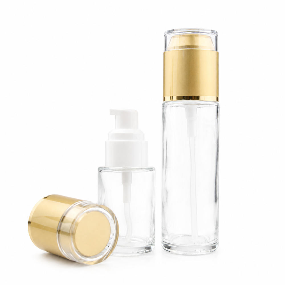 Clear Glass Serum Bottle with Light Gold Pump - 30ml & 60ml