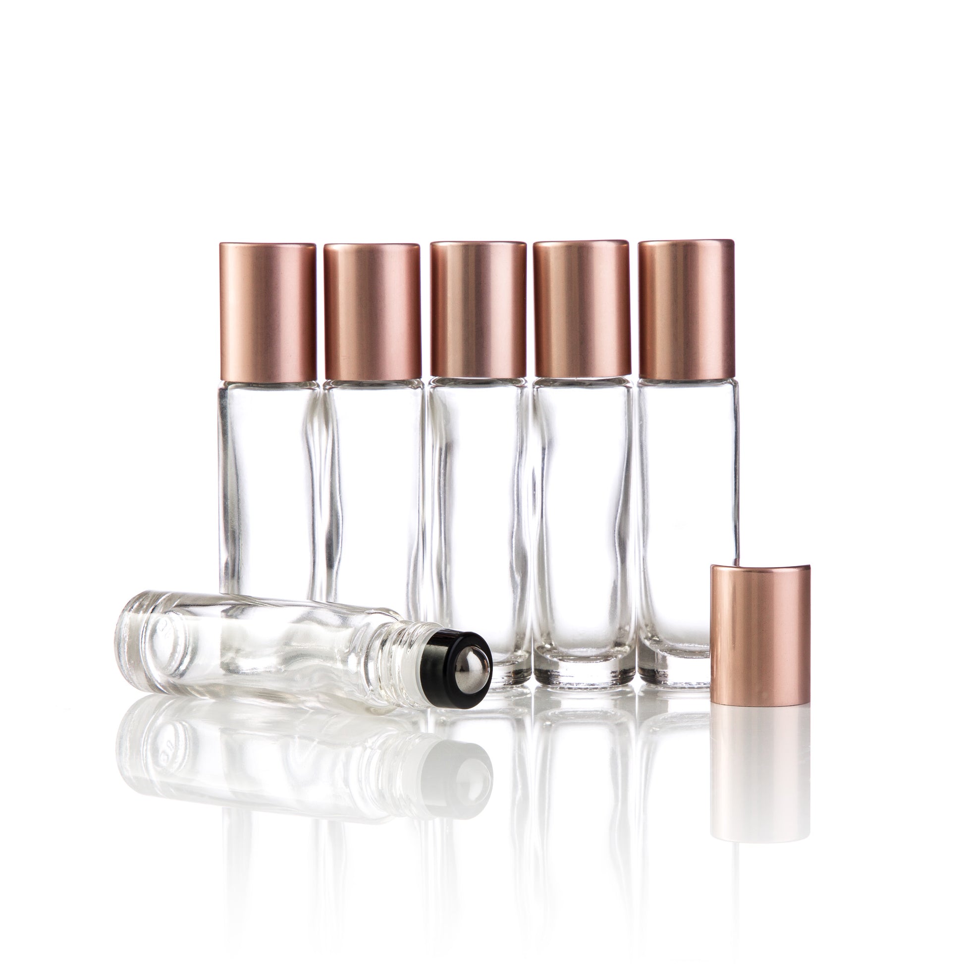 Clear Glass Roller Bottles with New Style Black Roller and Rose Gold Caps - Pack of 6 - essentoils.co.za