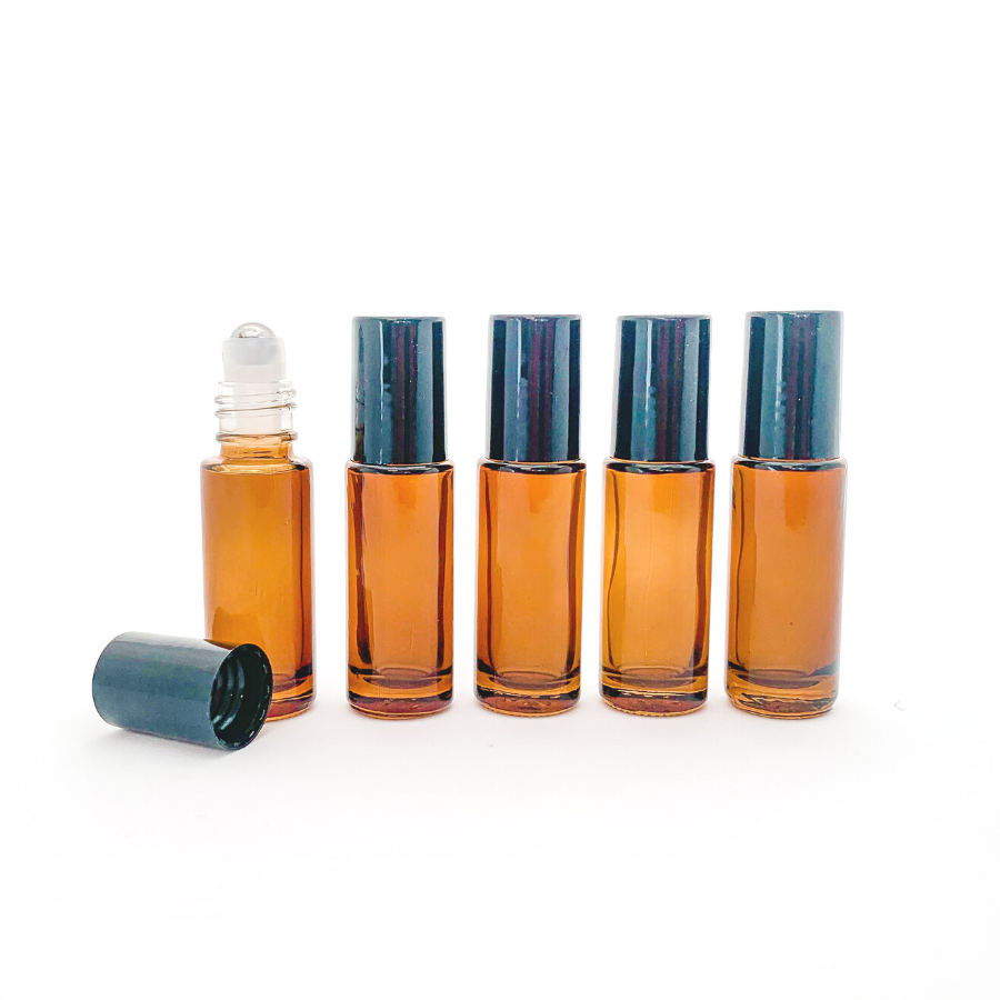5ml Amber Glass Roller Bottles with Black Cap - Pack of 5 - essentoils.co.za