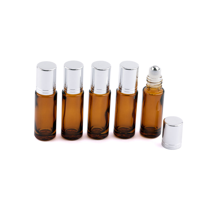 5ml Amber Roller Bottles with Silver Cap - Pack of 5 - essentoils.co.za