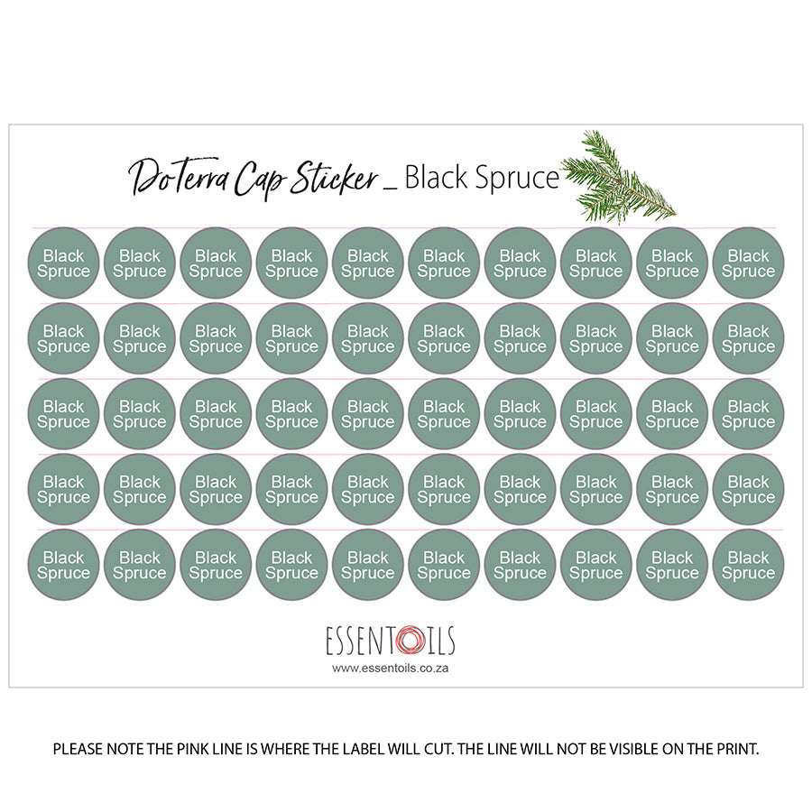 doTERRA Cap Stickers - Single Oils - Sheets of 50 - Black Spruce - essentoils.co.za